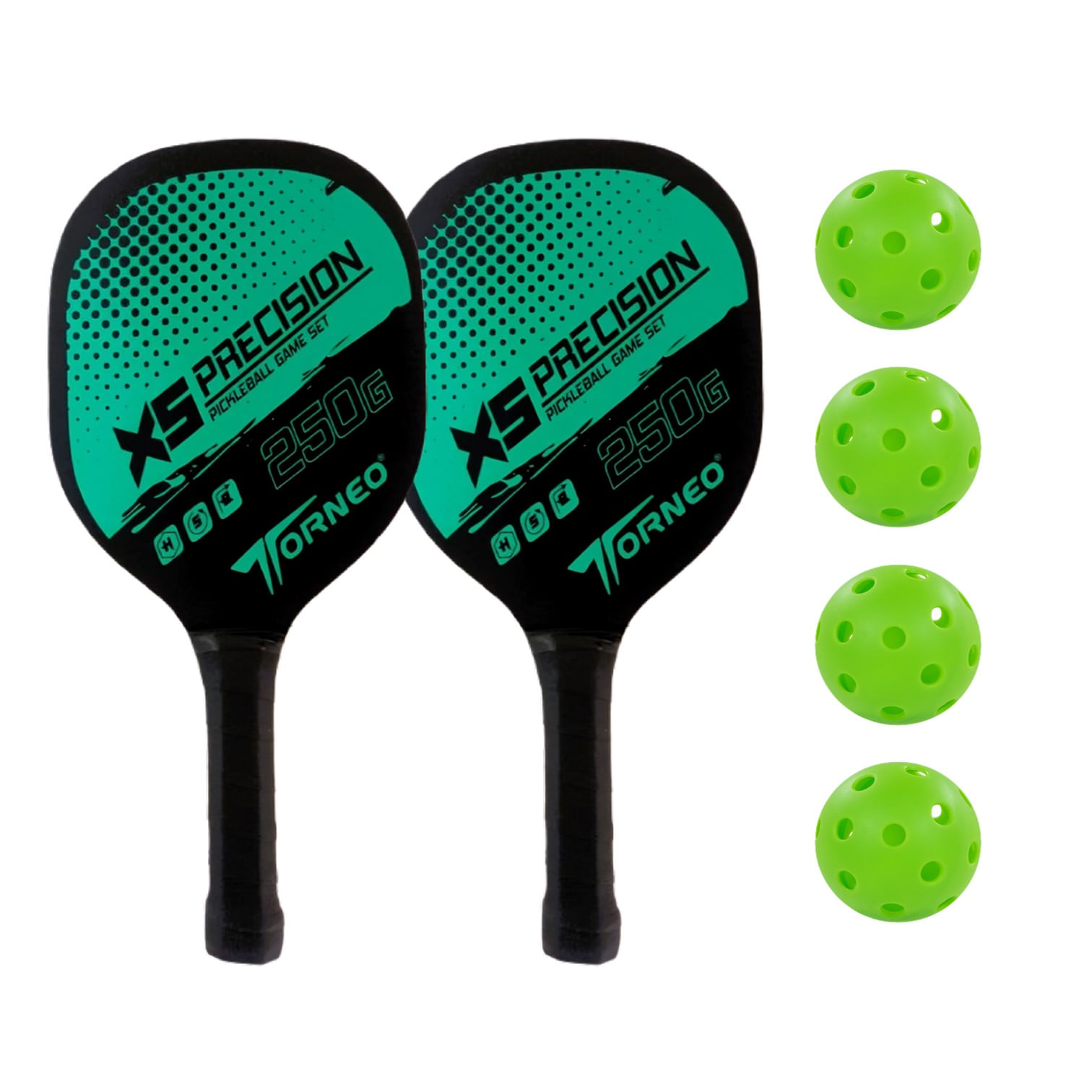 SET DE RAQUETAS PICKEBALL PARA ENTRENAMIENTO MADERA CON 4 PELOTAS TORNEO VERDE