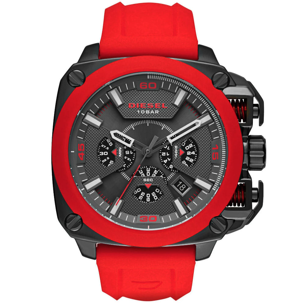 Reloj Diesel BAMF DZ7368 Fecha Cronómetro Acero Negro Correa Silicona Rojo
