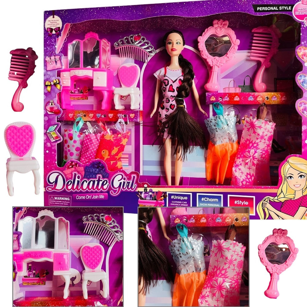 Set de una muñeca de silicona con trenza y accesorios