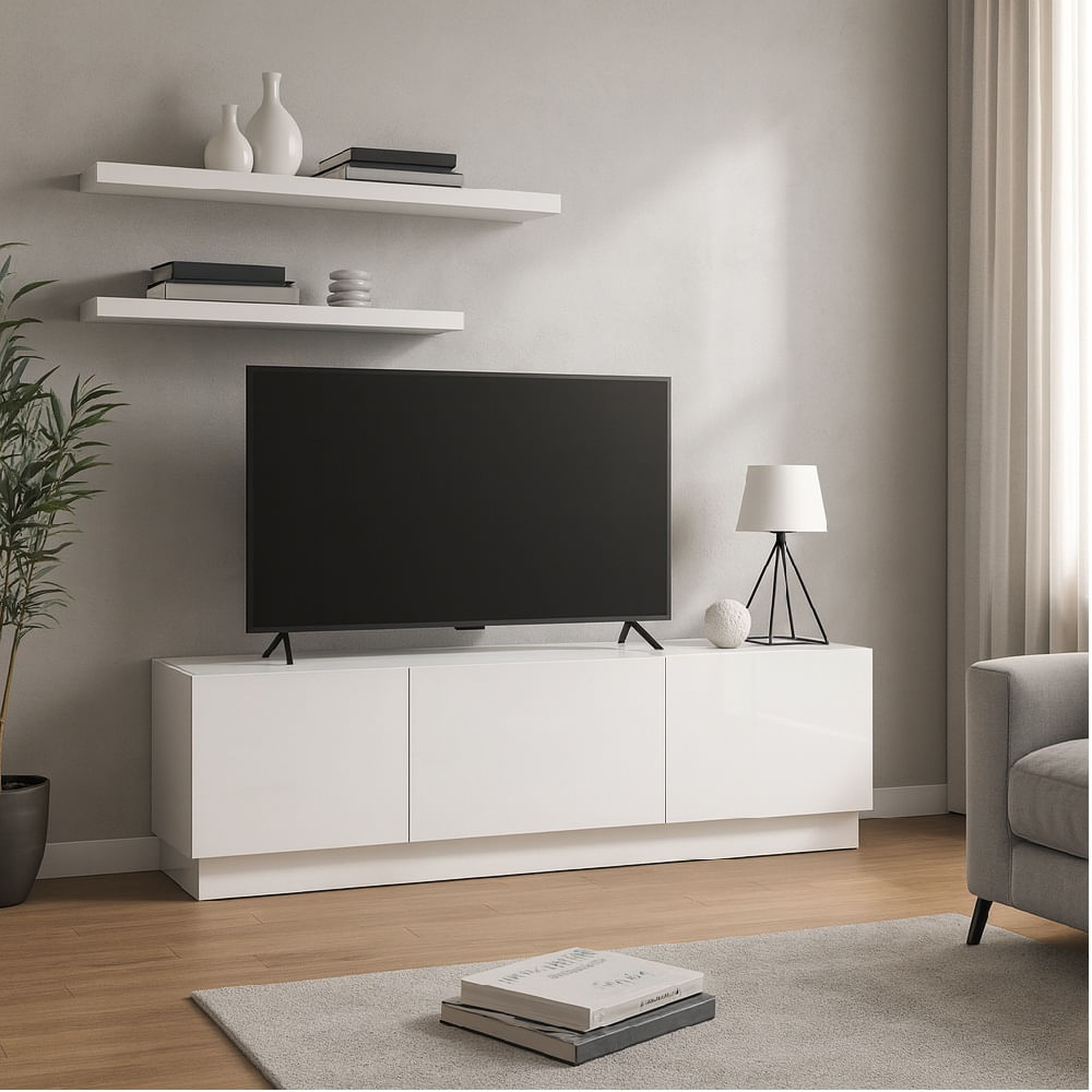 Mesa de TV Moderna Elias Blanco Brillante 3 Puertas TU MESITA