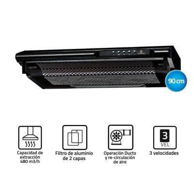 Campana Extractora Indurama 90 cm CEI-902NE Negro - 2 motores/3 velocidades !OFERTON!