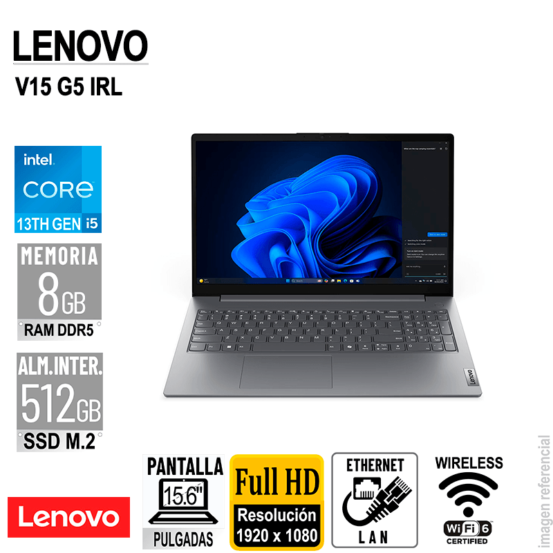 LAPTOP LENOVO V15 G5 IRL 156 FHD TN CORE I5-13420H 2.1/4.6GHZ 8GB DDR5 SIN SISTEMA OPERATIVO