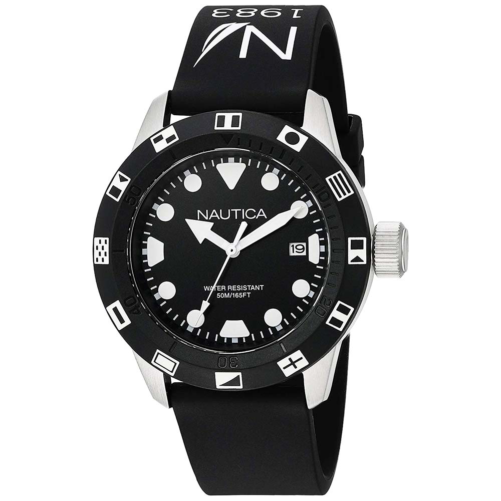 Reloj Nautica NSR 100 NAD09509G Fecha Acero Inoxidable Correa de Silicona Negro