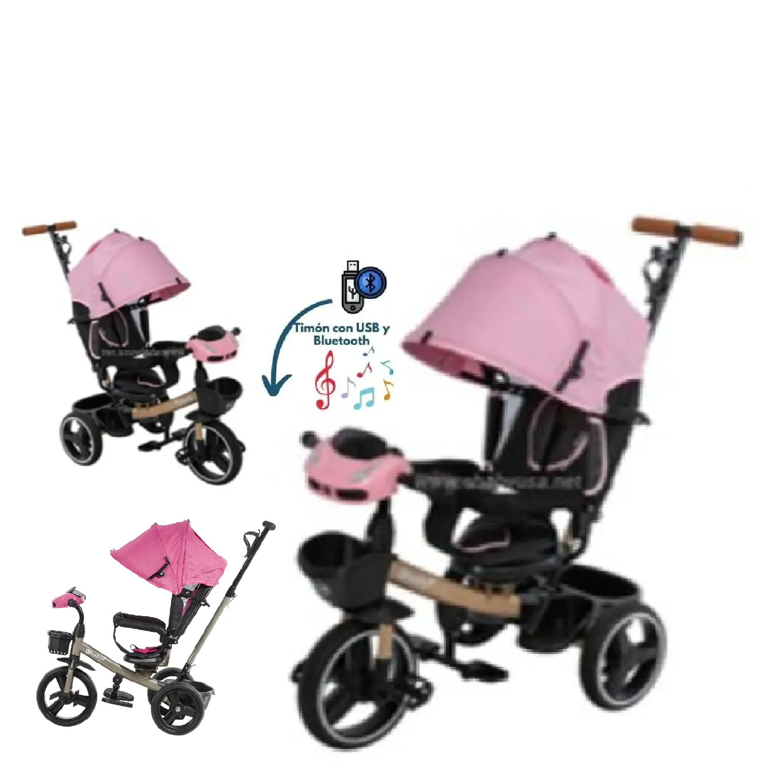 Triciclo Guiador Ebaby USB Bluetooth EB362A -Rosa