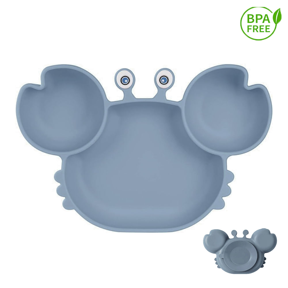 Plato Silicona Cangrejo con Ventosa Para Bebe Celeste Grisaceo