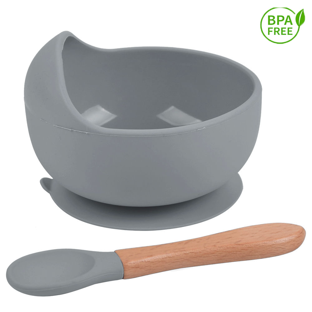 Cuenco De Silicona Con Cuchara Para Bebe Baby Froggie Gris