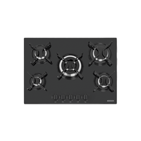 Cooktop a gas Tramontina de vidrio templado negro y rejillas de acero al carbono, con encendido superautomático y 5 quemadores.