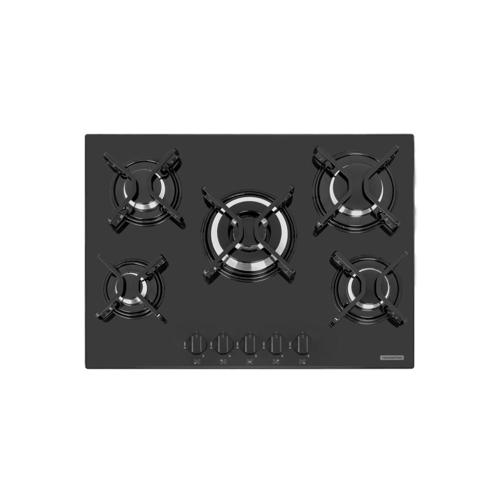 Cooktop a gas Tramontina de vidrio templado negro y rejillas de acero al carbono, con encendido superautomático y 5 quemadores.
