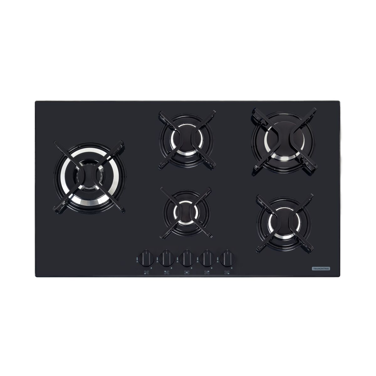Placas de Cocción de gas Tramontina Penta Side Plus 5GG B TRI 90 de vidrio templado negro con rejillas de acero al carbono y encendido superautomático