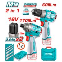 Combo Taladro Atornillador 60nm + Atornillador de Impacto 170nm 16v Total TOSLI240968