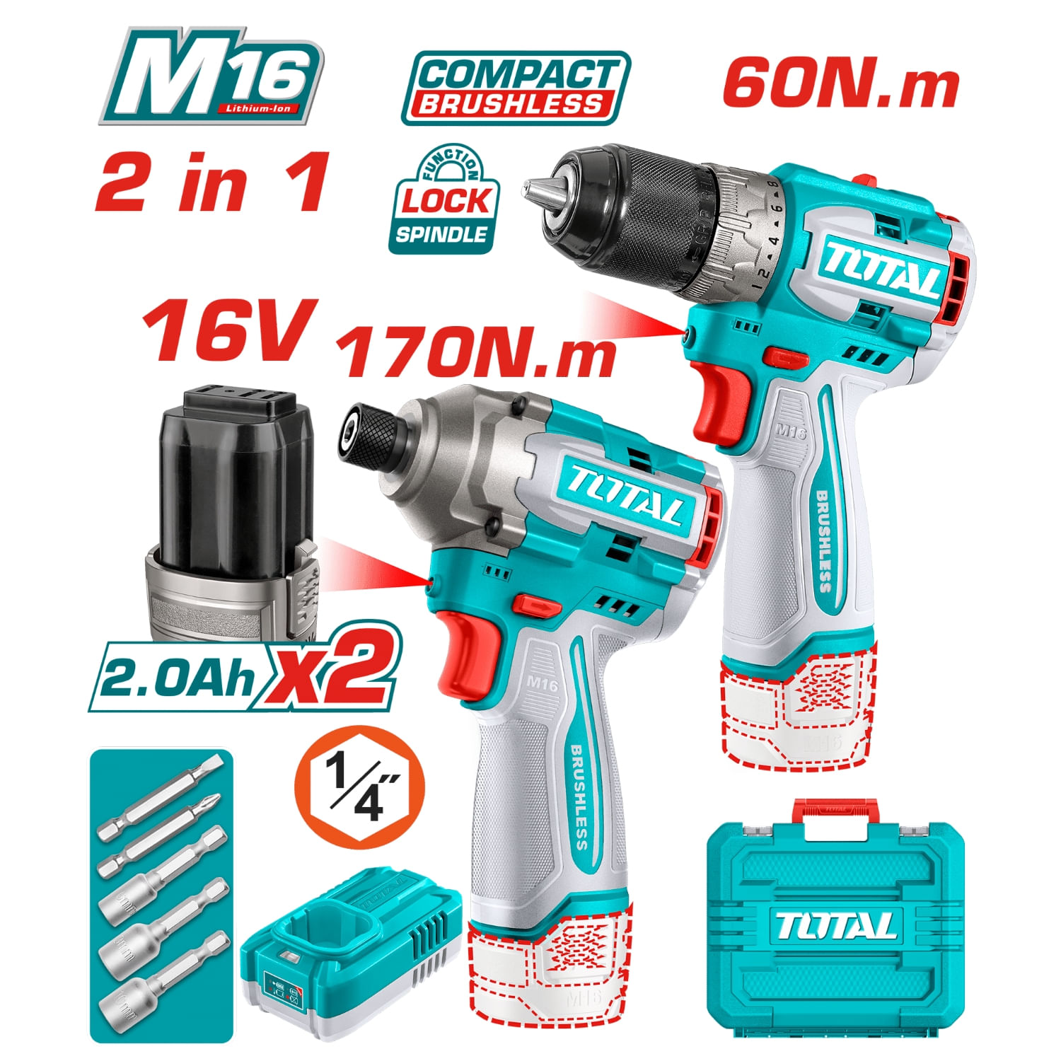 Combo Taladro Atornillador 60nm + Atornillador de Impacto 170nm 16v Total TOSLI240968