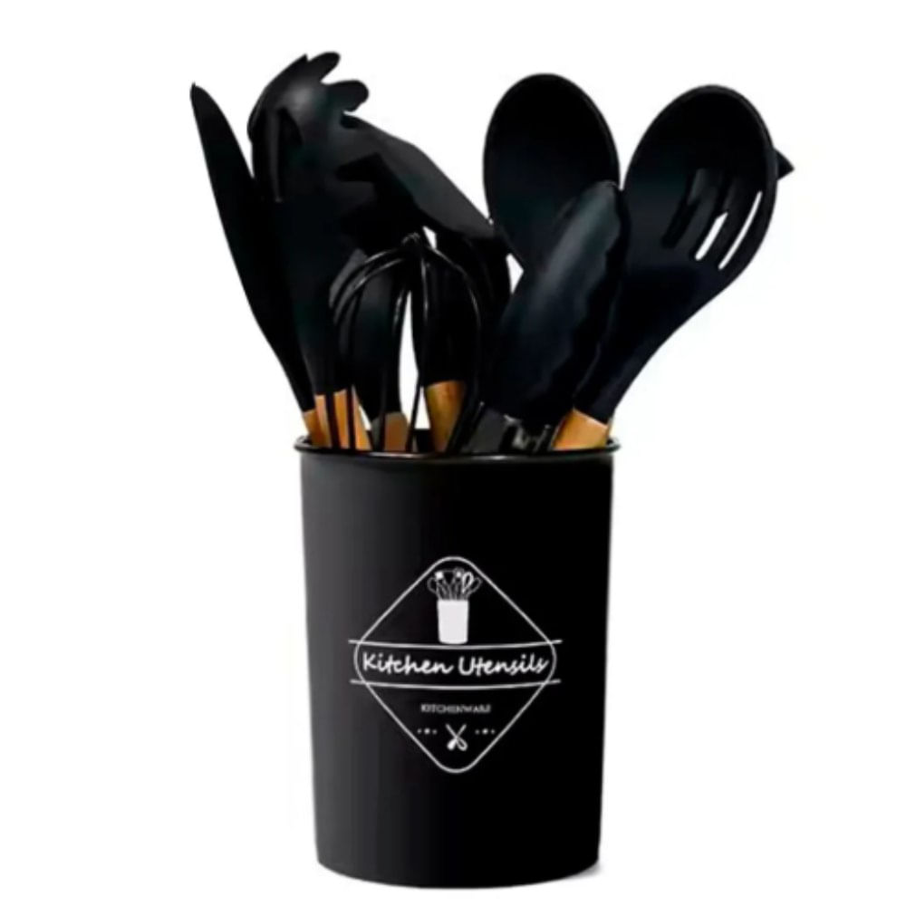Jgo Utensilios Negro de Silicona para Cocina 12 Pz Mango Madera - 70294195