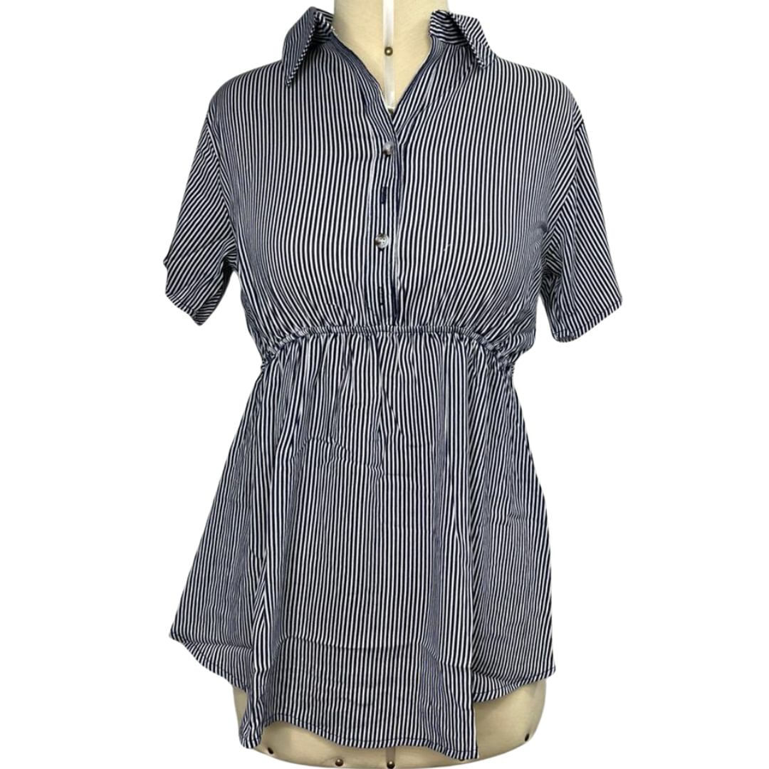 Blusa de tela con cuello de vestir con pita atrás de rayas L azul