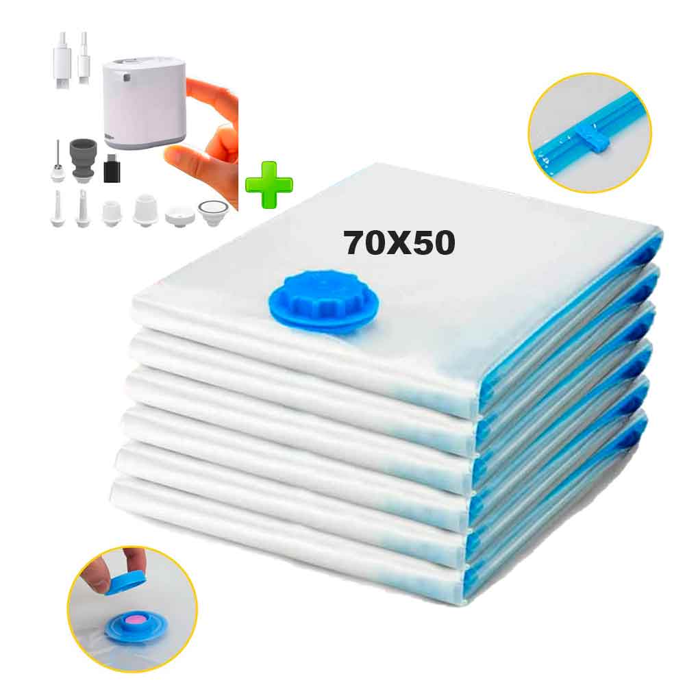 Pack 6 Bolsas de Aire al Vacío de Viaje 70x50cm + Bomba de Aire Inalámbrico