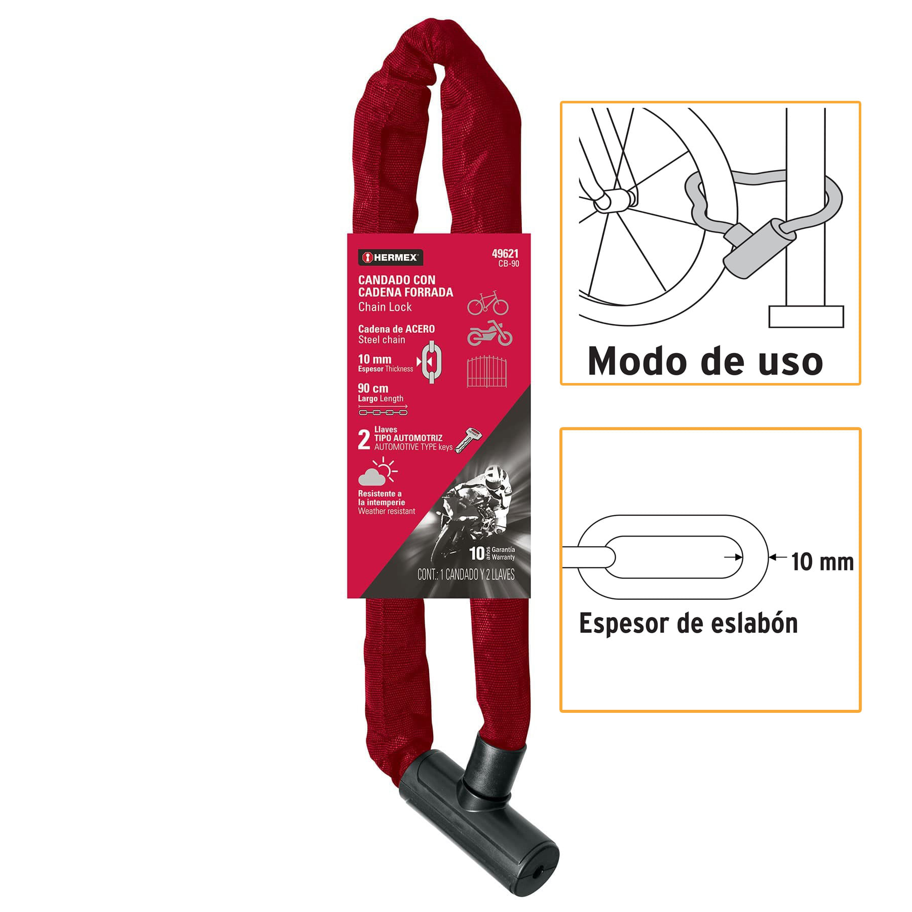 Candado con cadena forrada de 10 mm Hermex CB-90 Moto Bicicleta
