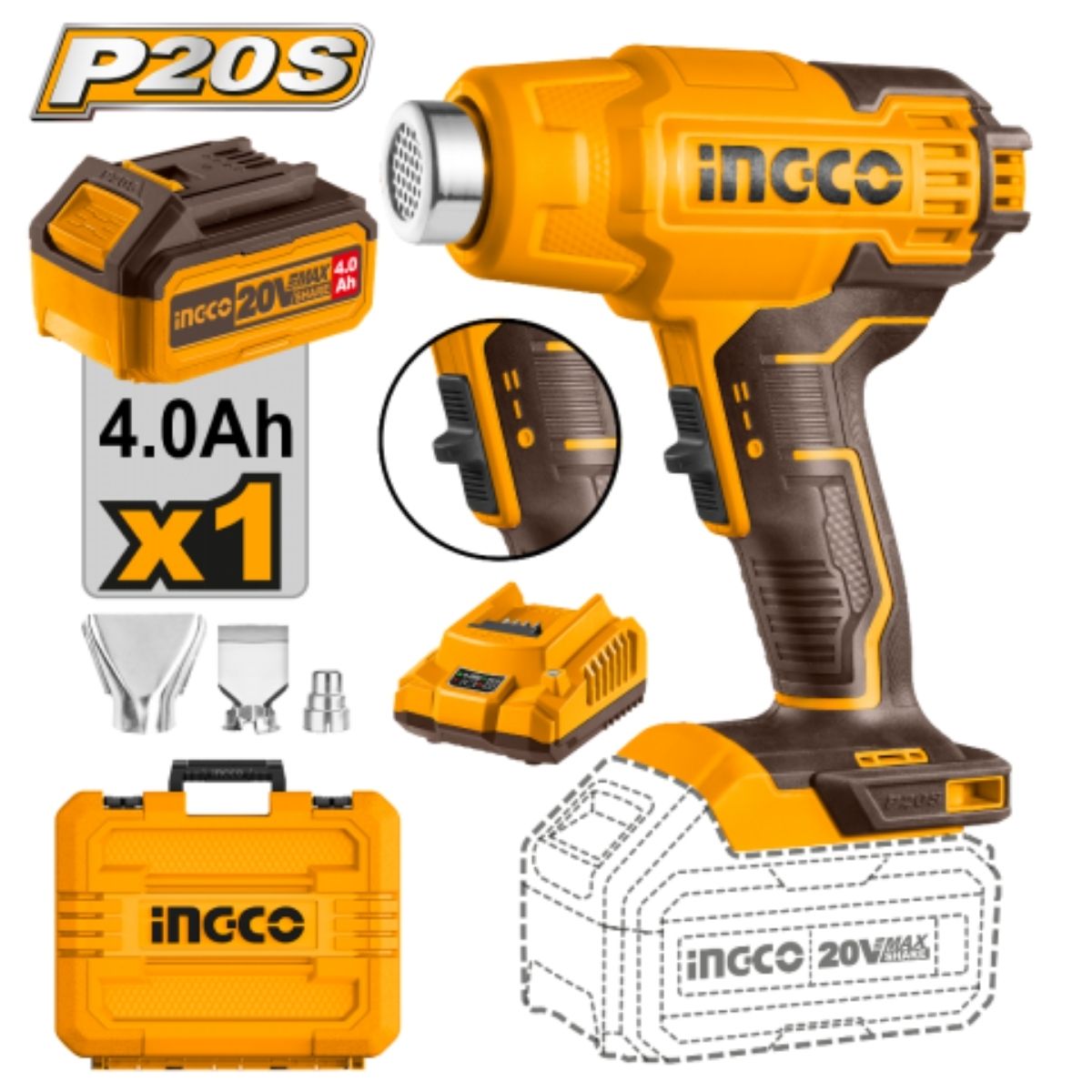 Pistola De Calor 20V Con Batería 4Ah HGLI20025 INGCO