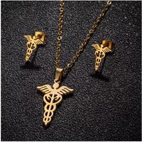 Set collar y aretes esculapio medicina dorado acero inoxidable