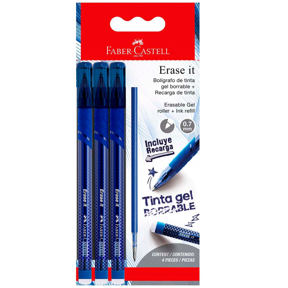 FABER CASTELL Bol Erase It 3 Azul + Refillx3