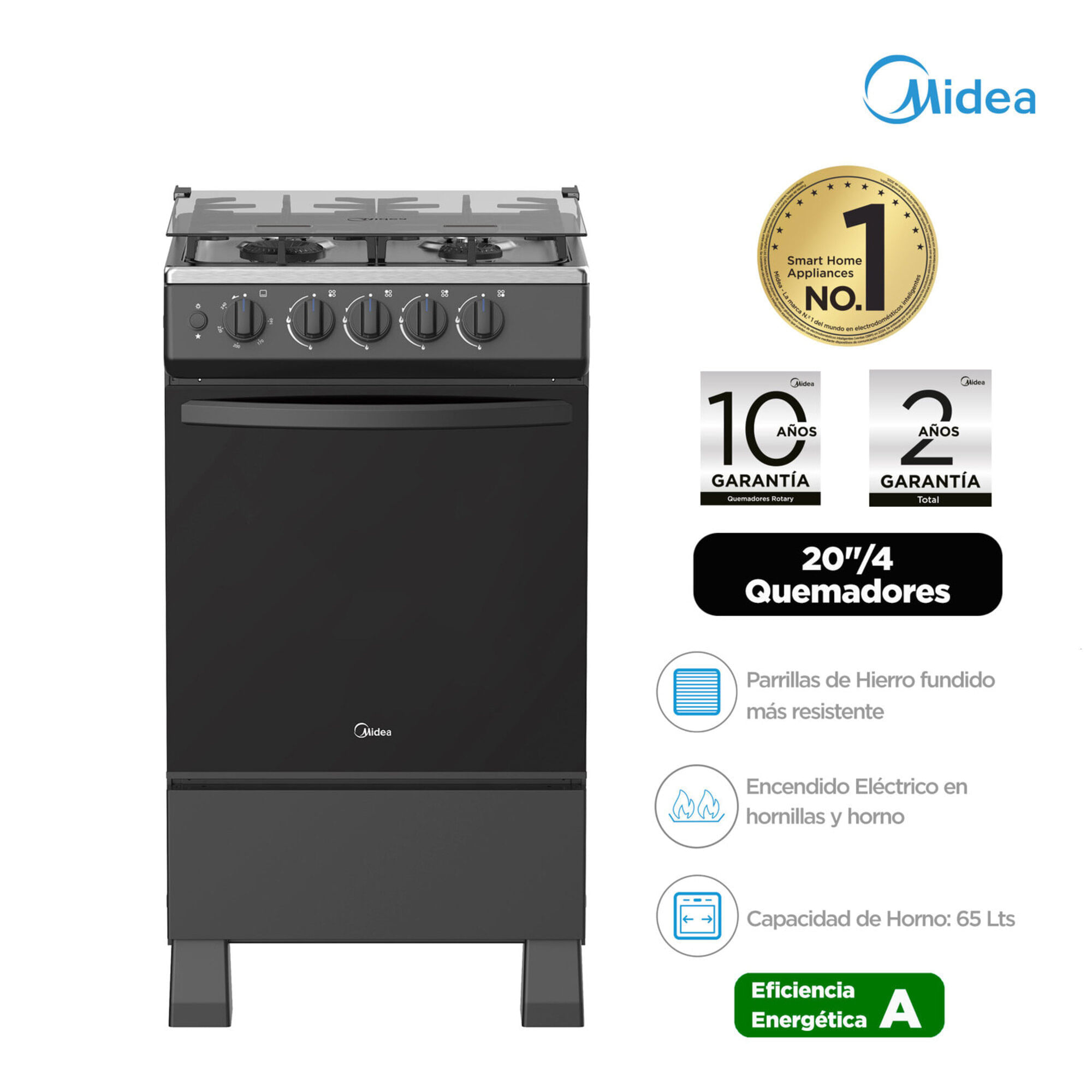 Cocina De Pie a Gas MIDEA 4 Quemadores MGS20FS2LFAMB-PE Negro