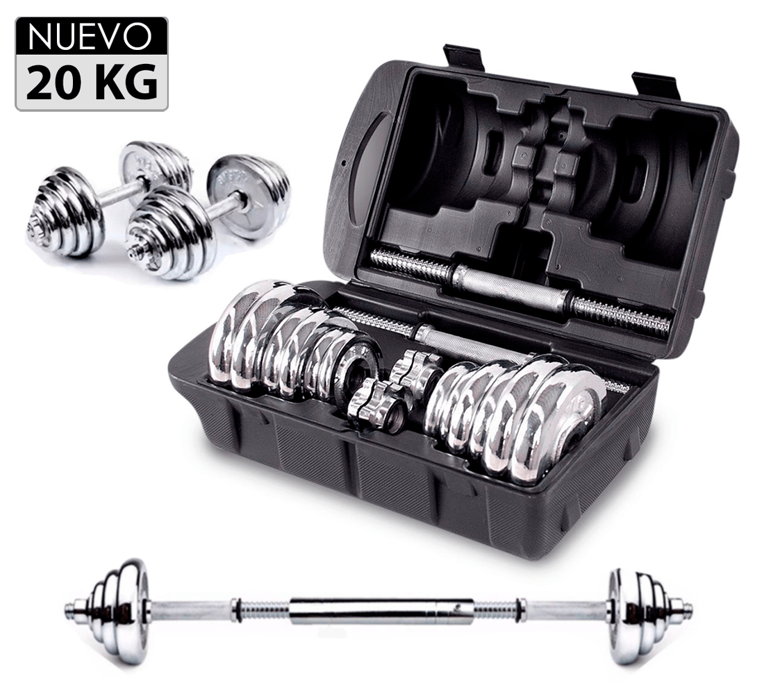 Set de Pesas 20 kg Mancuernas + Adaptador + Maletín