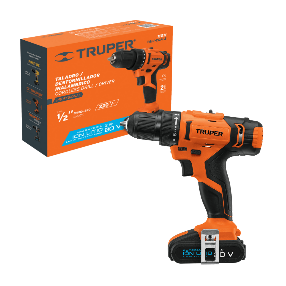 Taladro Inalambrico de 1/2? con Batería de ion litio 20 V 2 Ah y luz LED Integrada Truper TALI-20A-