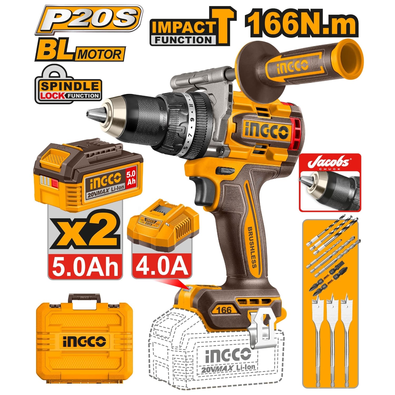 Taladro percutor 166nm + 2 baterias 5amp y 1 cargador 20v Ingco CIDLI201668