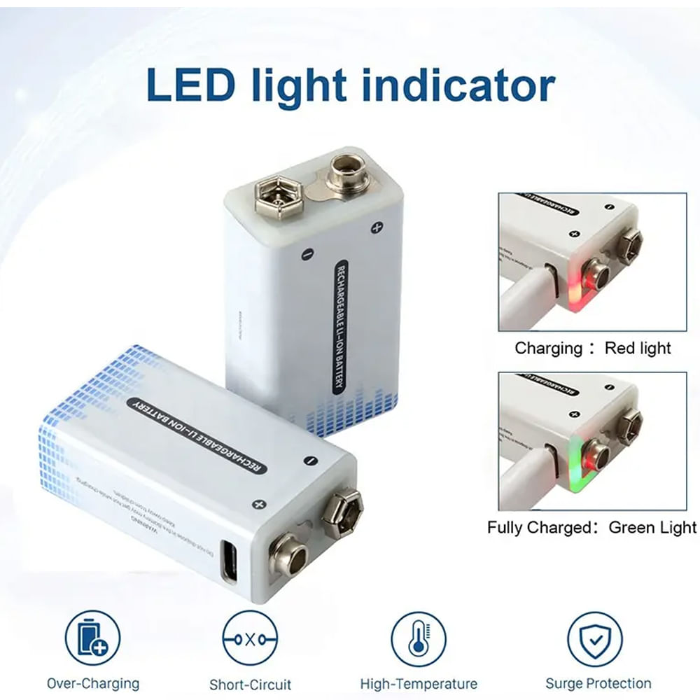 Bateria de Litio Pila 9V Recargable USB tipo C 1000Mah