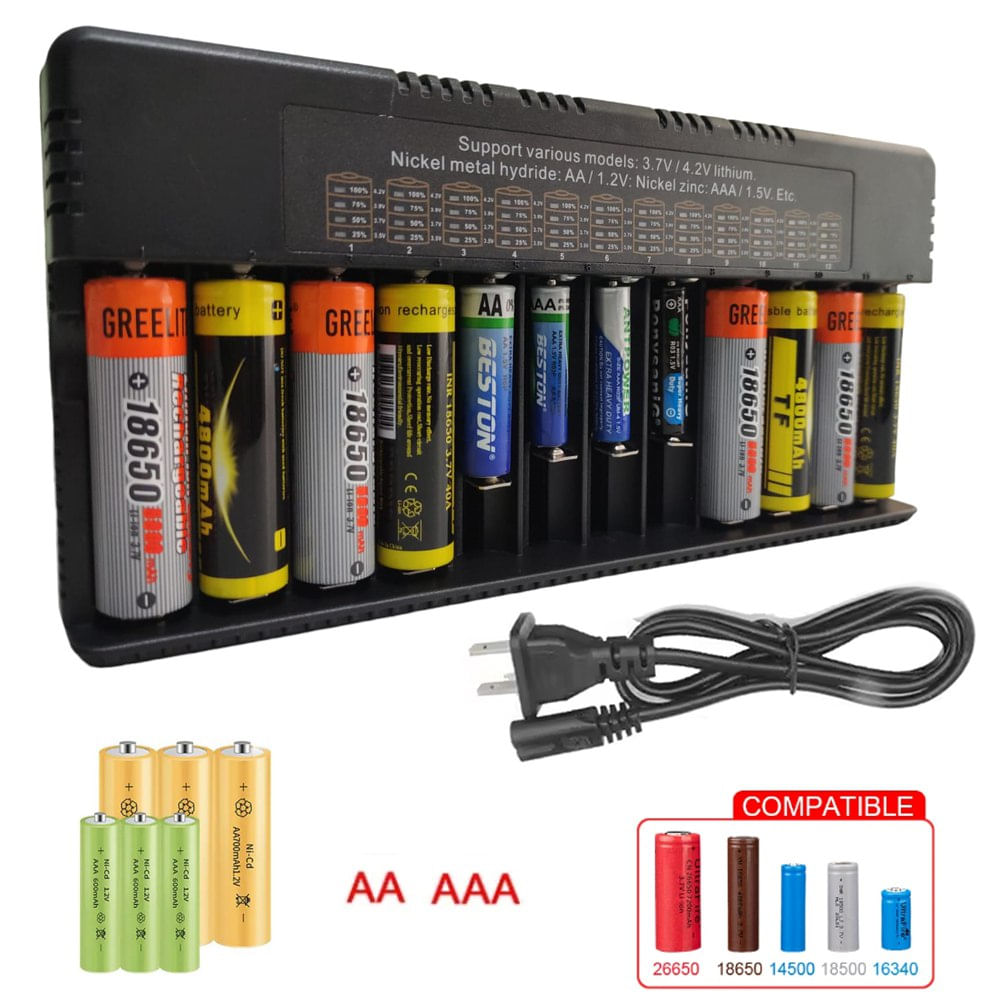 Cargador de pilas baterías recargables 12 puestos AA AAA 18650 26650