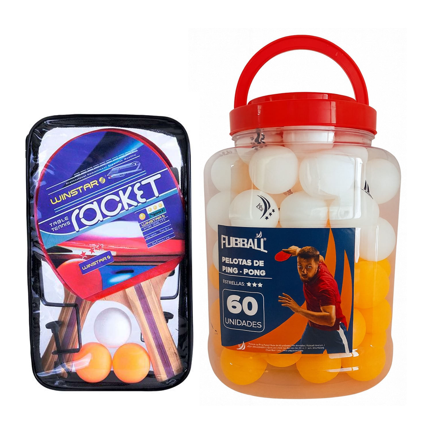 KIT DE PING PONG 2 RAQUETAS WINSTAR, 2 GANCHOS, 1RED, 1ESTUCHE MÁS 1 FRASCO DE 60 PELOTAS DE PING PO