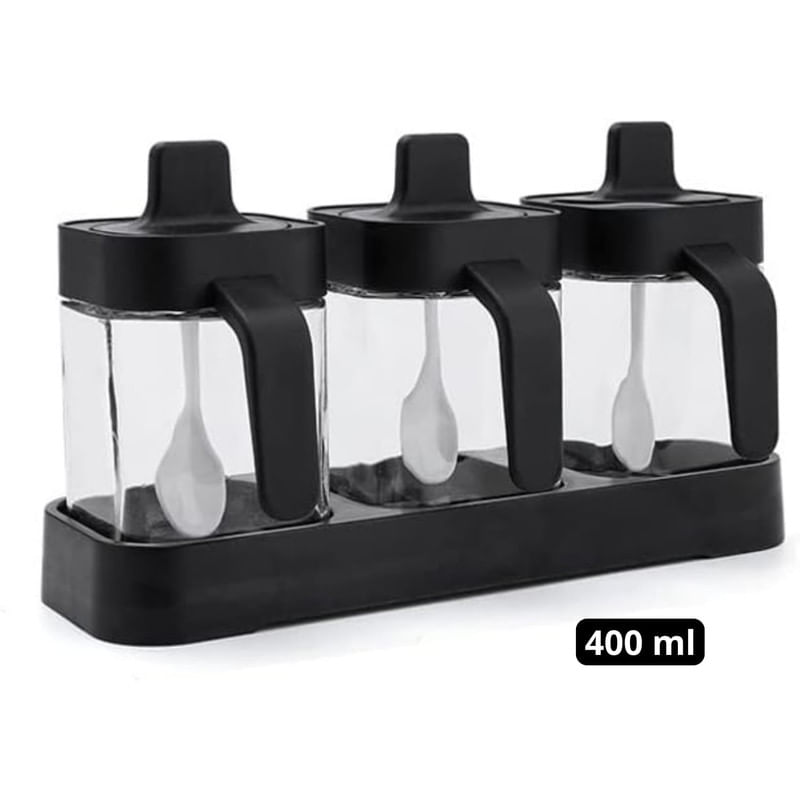 Condimentero Especiero de Vidrio más Cucharitas Set X3