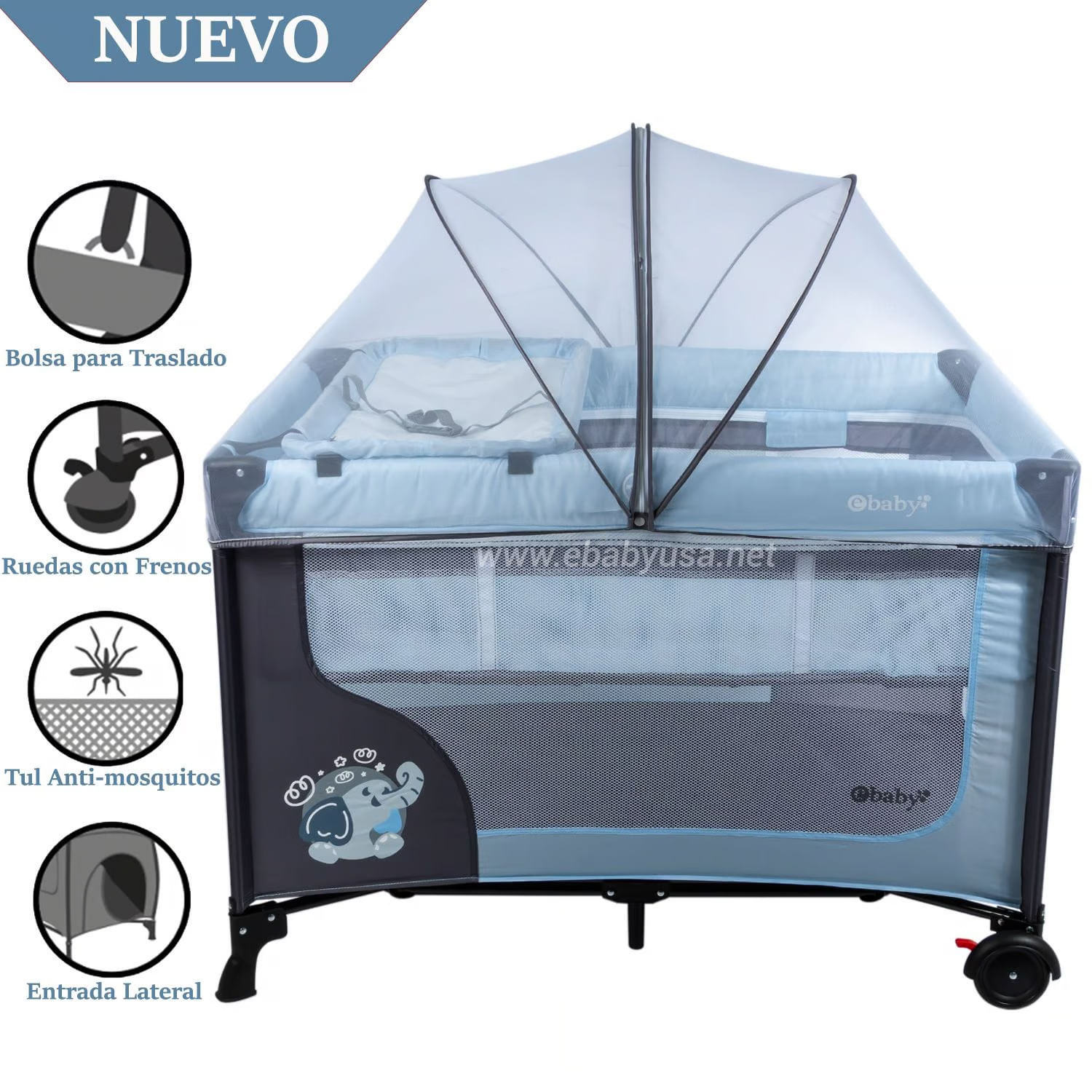 Cuna Corral Ebaby con Cambiador Happy Dream Celeste EB727-2