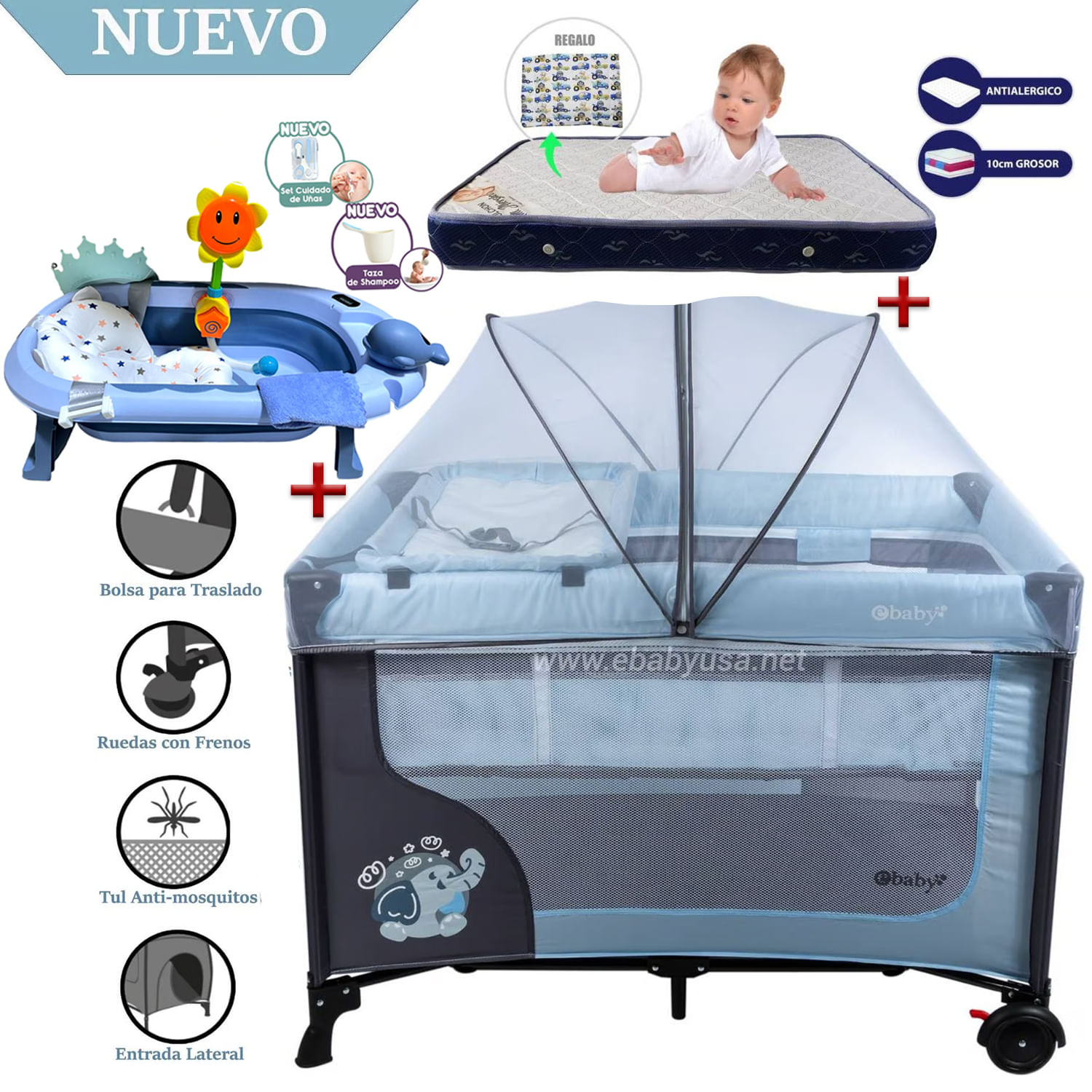 Cuna Corral Ebaby Happy Dream Celeste-Colchón y Bañera