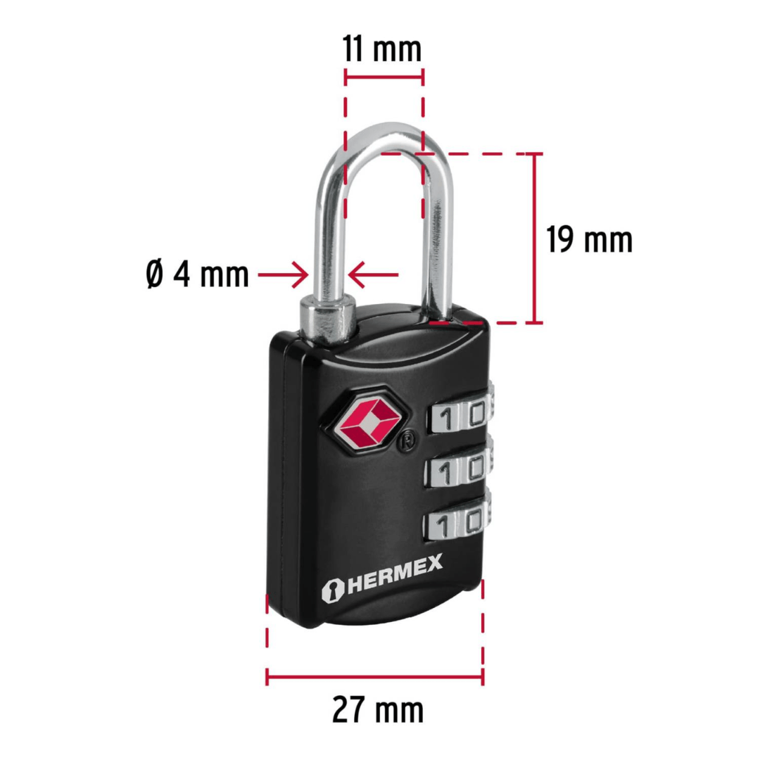 Candado maletero de combinación 27 mm seguridad tsa blíster Hermex