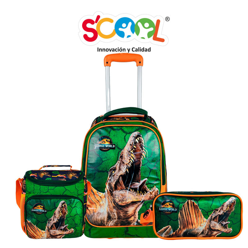 SCOOL MAGIC PREMIUM SET MALETA GDE PU METALIZADO LONCHERA CARTUCHERA JURASSIC