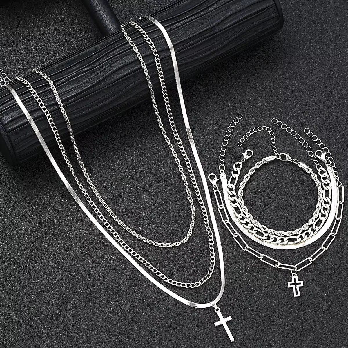 Set x 7 accesorios para hombre collarares y pulseras plateado acero inoxidable