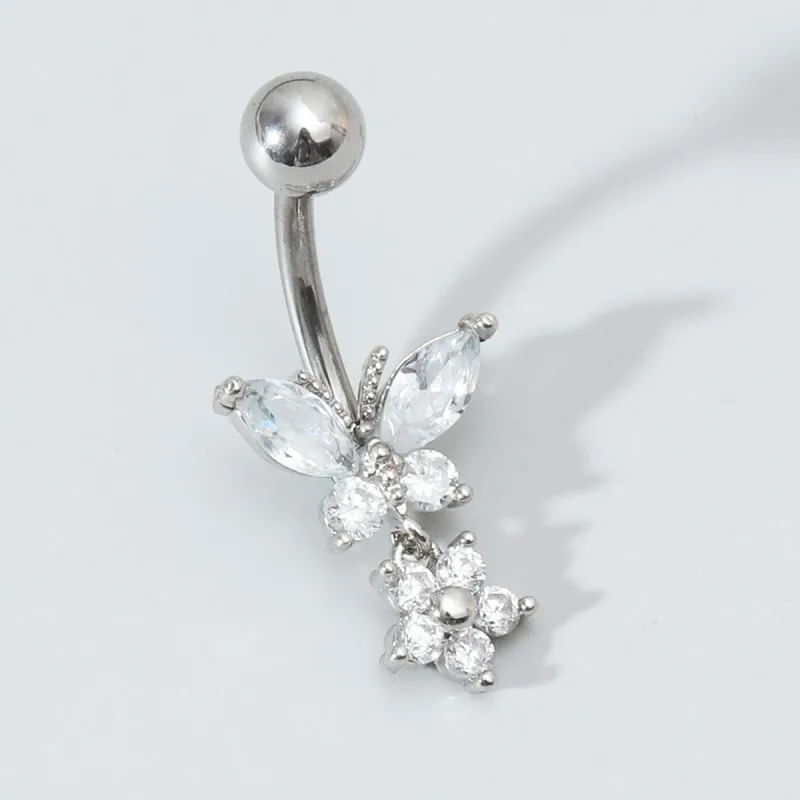 Piercing para ombligo mariposa y flor con brillos plateado