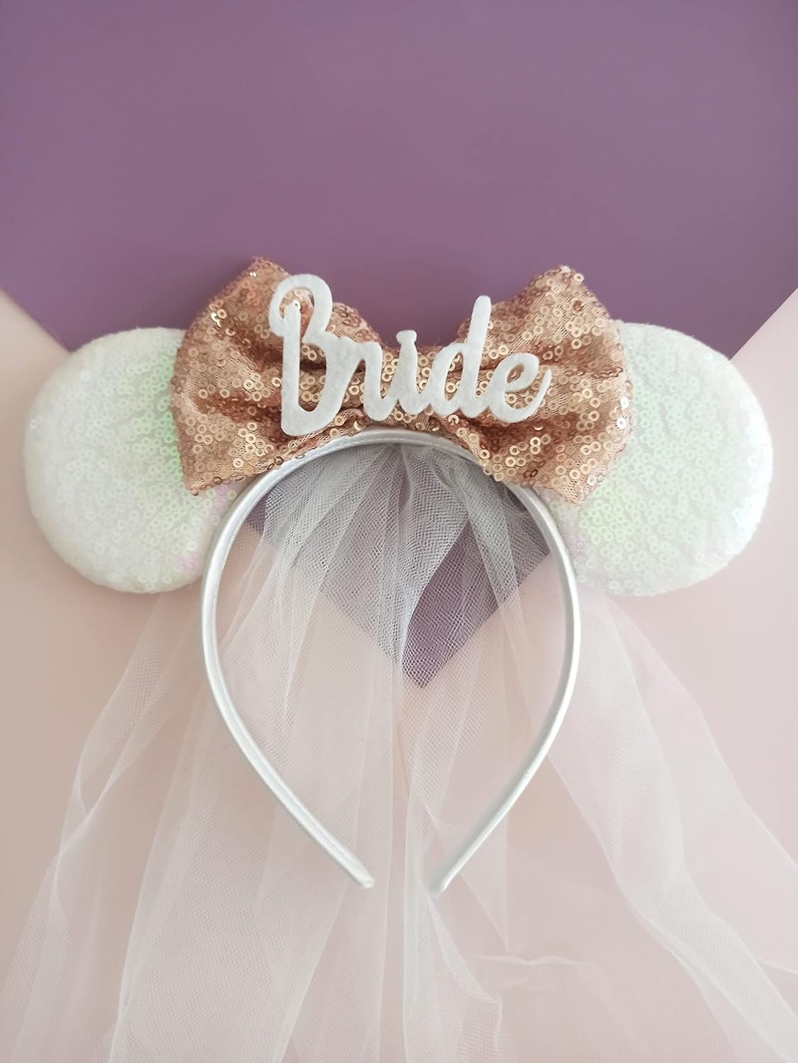 Vincha orejas con velo largo para novia despedida de soltera Bride lazo oro rosa con letras blancas