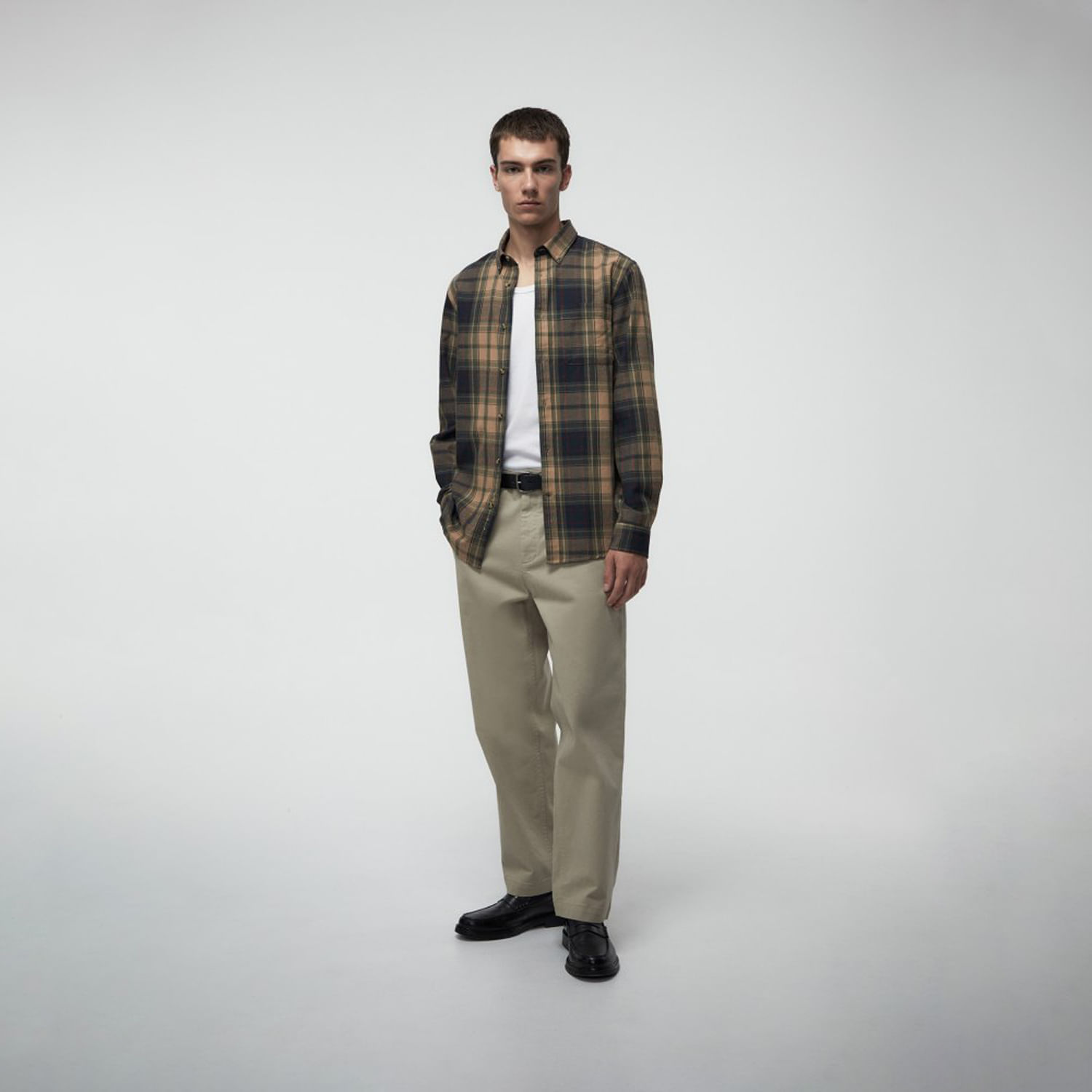 Camisa Hombre Sfera Franela Cuadros Verde Oliva