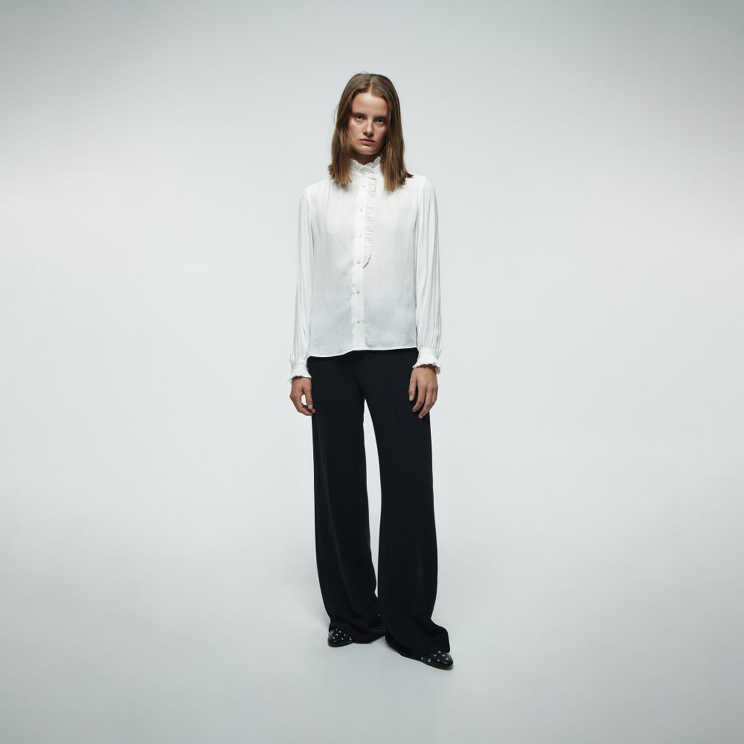 Blusa Mujer Sfera Volante Fruncido Blanco