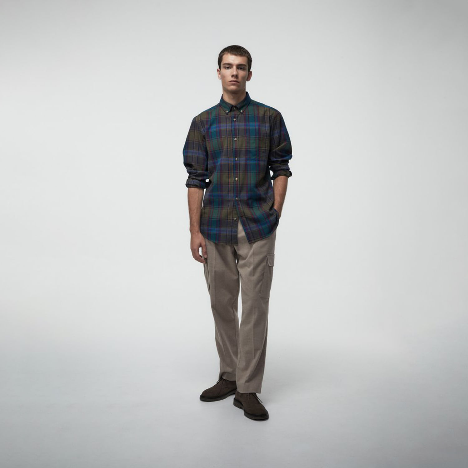 Camisa Hombre Sfera Franela Cuadros Verde Oscuro
