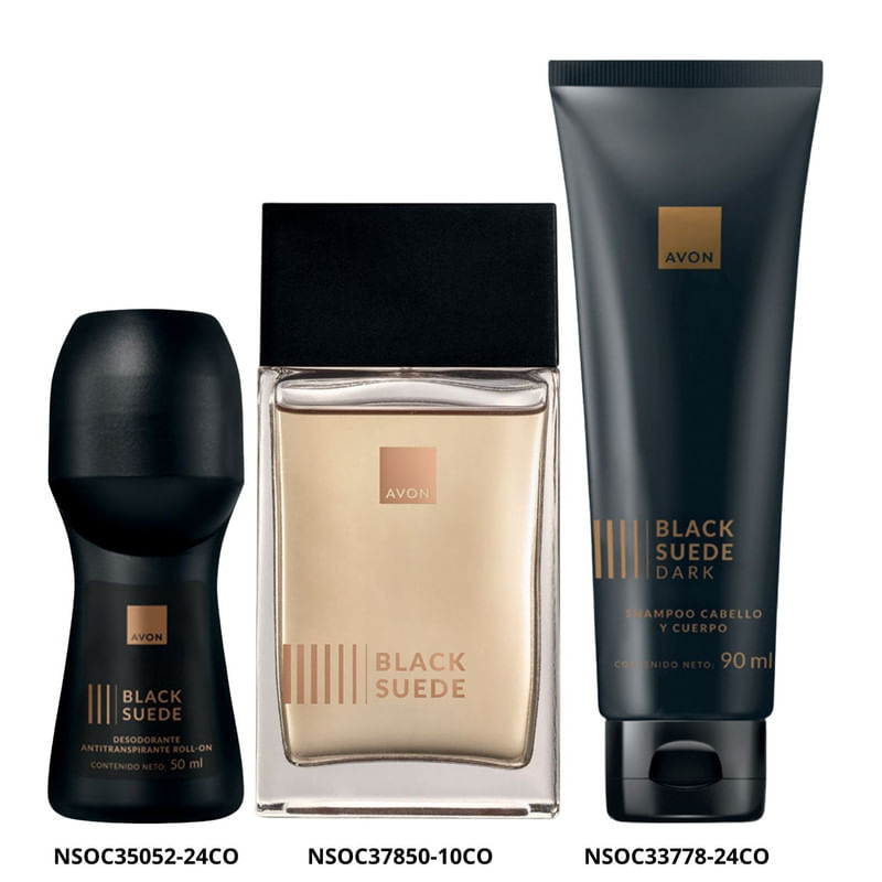 Set Avon Black Suede Perfume Masculino, Shampoo y Desodorante