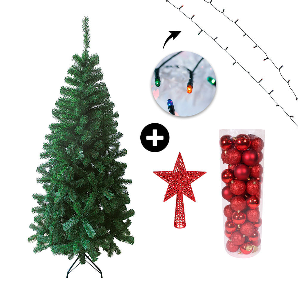 COMBO Set x 50 bolas 4cm rojas + Árbol navidad 210cm + Estrella para punta de árbol roja + Luces Arroz Multicolor x100 luces
