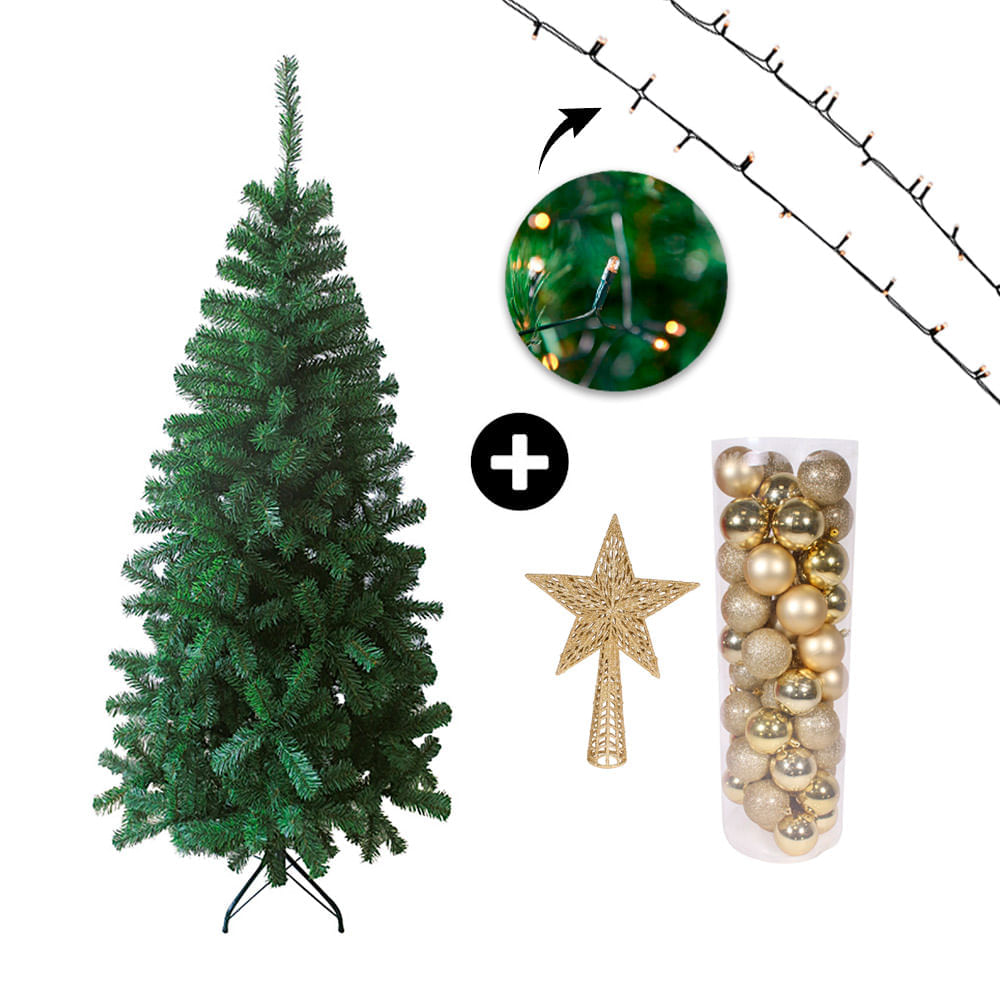COMBO Set x 50 bolas 4cm doradas + Árbol navidad 210cm + Estrella para punta de árbol dorada + Luces Arroz Blanco x100 luces