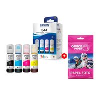 Combo: Pack de 4 botellas de tinta Epson T544 Negro/Cyan/Magenta/Amarillo + Papel fotográfico Office Paper brillante Canvas, A4, 10 hojas, 180g