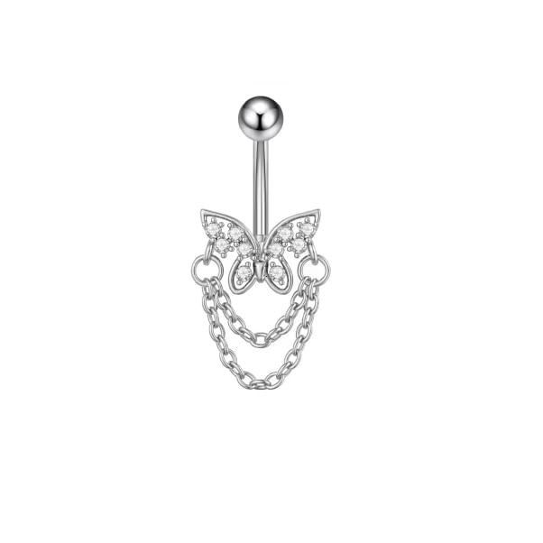 Piercing para ombligo mariposa con brillos y cadenas colgantes plateado