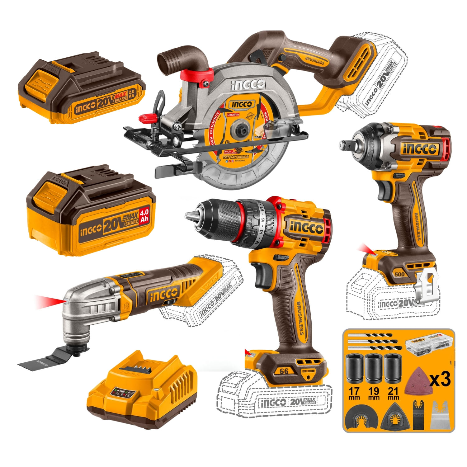 Taladro percutor 66nm + llave de impacto 500nm + Sierra y Multi herramienta Ingco SKU: COSLI241169