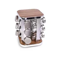 Set de Condimenteros con Tapa de Acero Inoxidable y Base de Madera 12 Piezas