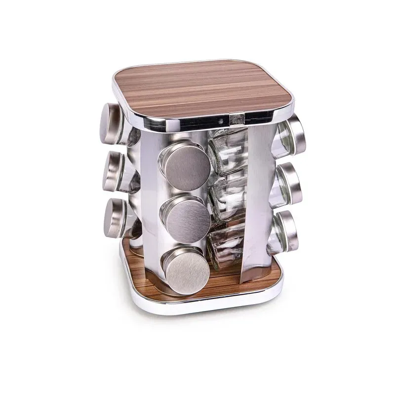 Set de Condimenteros con Tapa de Acero Inoxidable y Base de Madera 12 Piezas