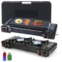 cocina a gas portatil 2 hornillas 2 en 1 con parrilla Camp