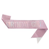 Banda cumpleaños escarchada Birthday Girl rosada con letras tornasol